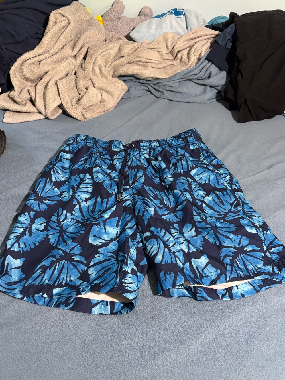 Lands' End Navy and Blue Tropical Print Men’s Swim Trunks